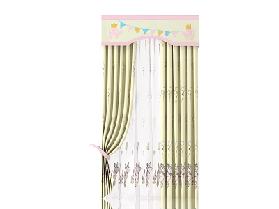 Light Green Curtain With Decorative Top Colorful Flags White Sheer Layer And Pink Bow Tie 3d model