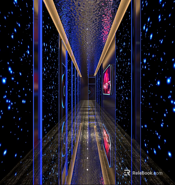 Stylish Bar Corridor With Starry Sky Wall Design Blue Lights And Reflective Floor 3d model 