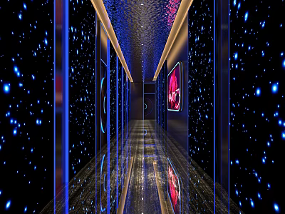 Stylish Bar Corridor With Starry Sky Wall Design Blue Lights And Reflective Floor 3d model