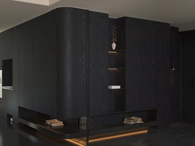 Modern Curved Dark Wood Decor Cabinet With Built In Warm Ambient Lighting And Open Shelves 3d model