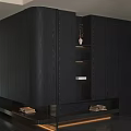 Modern Curved Dark Wood Decor Cabinet With Built In Warm Ambient Lighting And Open Shelves