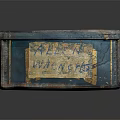Vintage Decorative Ornament Combination With Blue Green Distressed Metal Box And Retro Labels