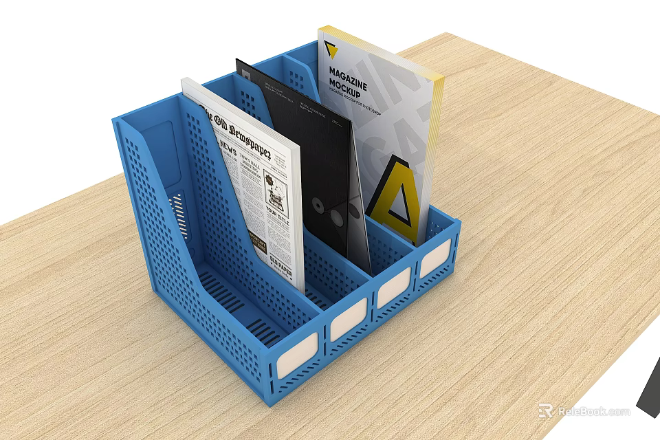 Blue Plastic File Organizer With Documents And Magazines On Wooden Desk 3d model 