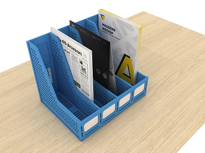 Blue Plastic File Organizer With Documents And Magazines On Wooden Desk 3d model