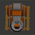 Orange Industrial Mechanical Device With Arm Handling Gray Container On Yellow Pallet