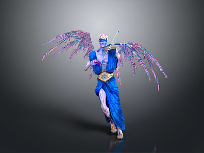 Mythical Man In Blue Attire With Flowing Colorful Wings Playing Violin 3d model