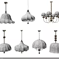 Various Design Pendant Lamps with Intricate Fabric Shades and Metal Accents