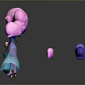 Pink Haired Character In Blue Dress Holding Green Umbrella With Floating Pink Cloud Creatures