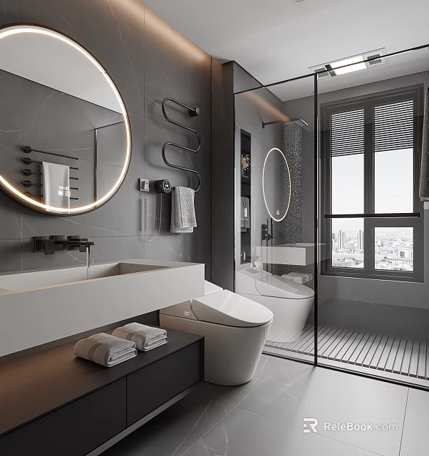 Modern Bathroom Interior With Round Mirror Glass Shower Grey Walls And City View 3d model 