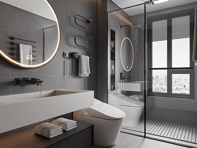 Modern Bathroom Interior With Round Mirror Glass Shower Grey Walls And City View 3d model