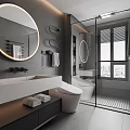 Modern Bathroom Interior With Round Mirror Glass Shower Grey Walls And City View