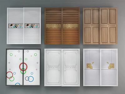 Stylish Wardrobe Doors Featuring Various Designs Wooden Panels And Decorative Patterns 3d model