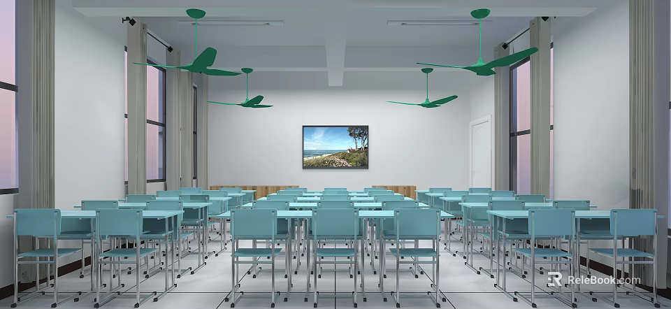 Modern School Classroom Featuring Green Ceiling Fans Blue Desks and Wall Art 3d model 