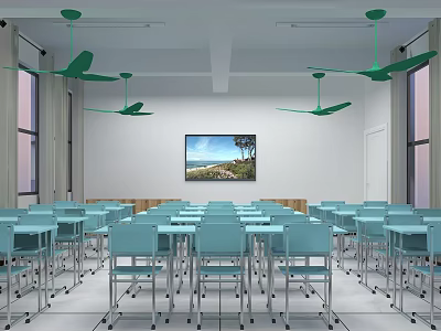 Modern School Classroom Featuring Green Ceiling Fans Blue Desks and Wall Art 3d model