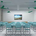 Modern School Classroom Featuring Green Ceiling Fans Blue Desks and Wall Art