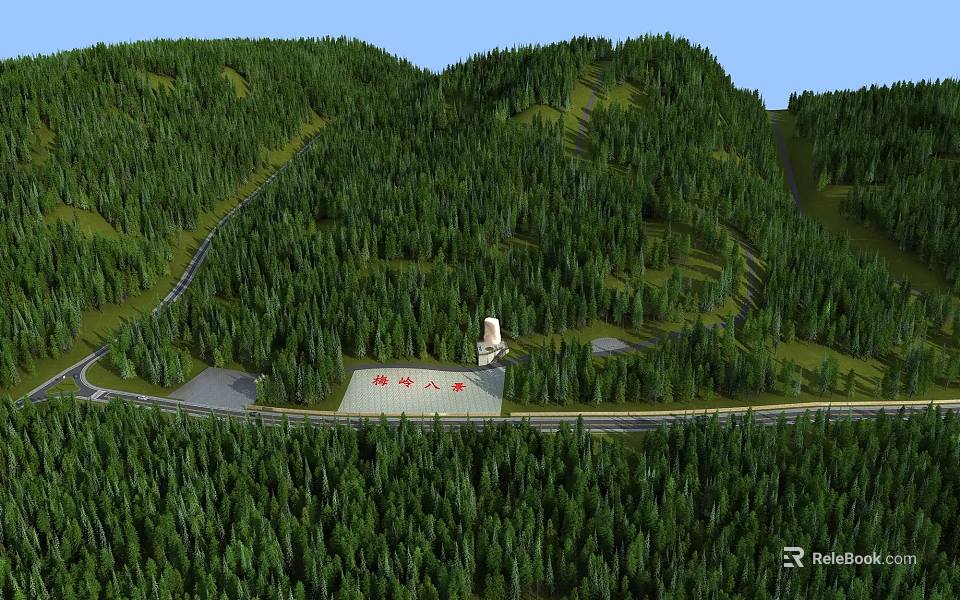 Road Infrastructure In Mountainous Forest Area With Winding Paths And Central Building 3d model
