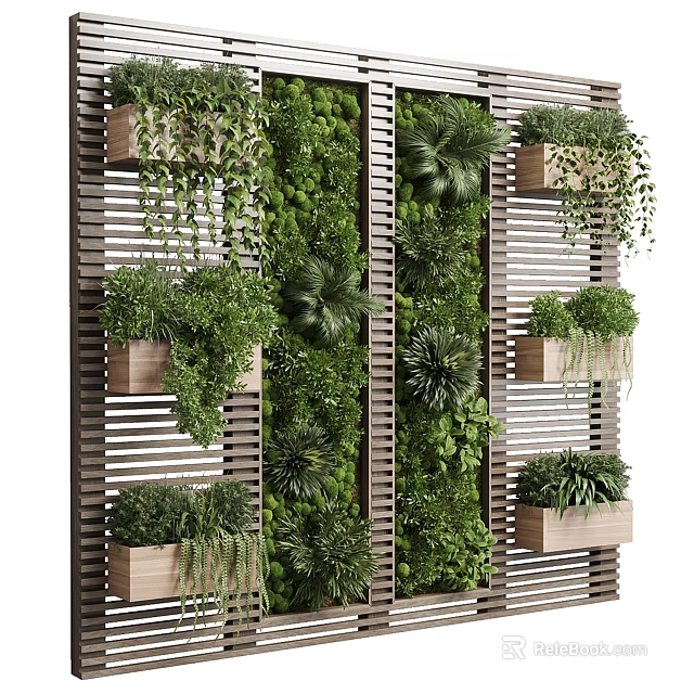 Vertical Green Wall With Various Plants On Slatted Wooden Structure 3d model 