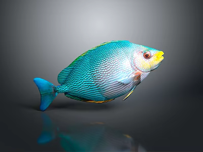 Colorful Turquoise Fish With Fine Patterns Blue Fins Tail Yellow Red Head Gray Background Reflection 3d model