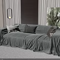 Cozy Double Sofa With Gray Cover And Cushions In Modern Living Room With Green Plants