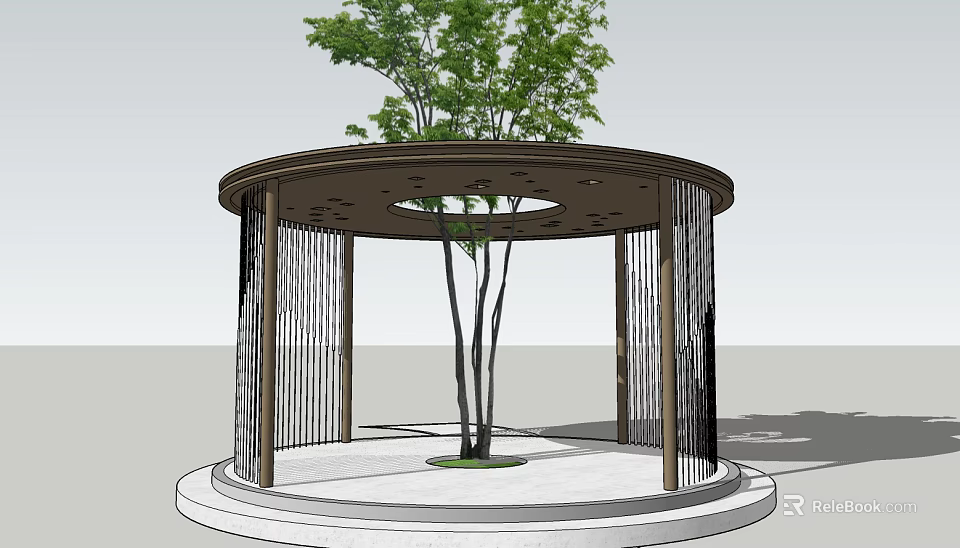 Modern Circular Pergola With Central Tree And Metal Columns On Round Platform 3d model 