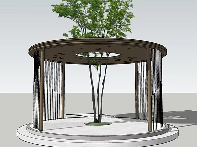 Modern Circular Pergola With Central Tree And Metal Columns On Round Platform 3d model