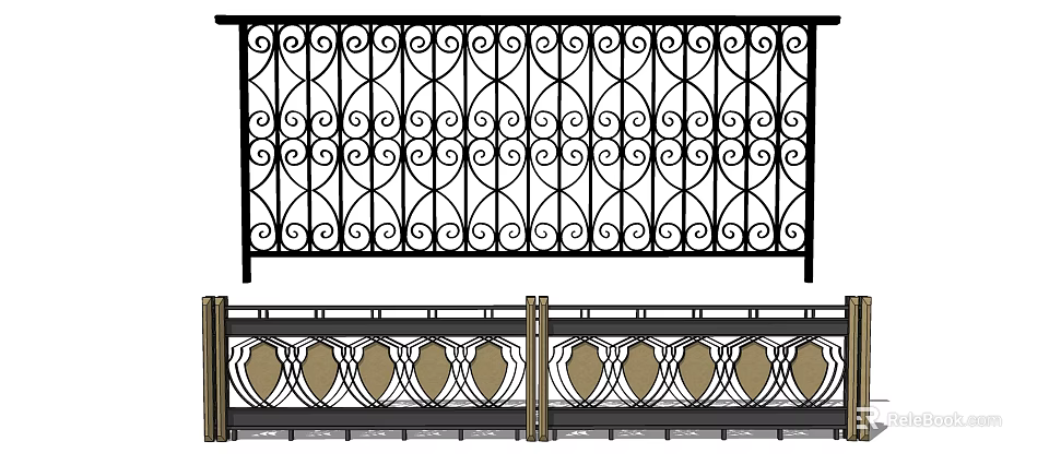 Ornate Iron Fence Design With Curved Scroll Patterns And Brown Circular Motifs 3d model 