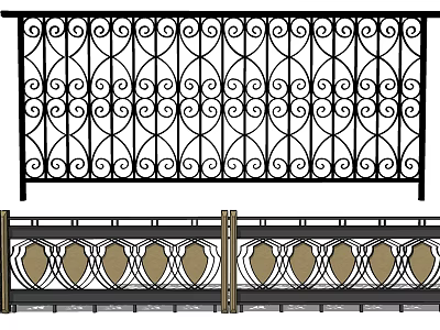 Ornate Iron Fence Design With Curved Scroll Patterns And Brown Circular Motifs 3d model