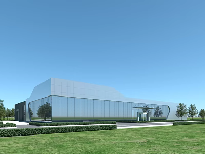 Modern Industrial Factory Building Exterior With Glass Curtain Walls Green Lawn And Trees 3d model