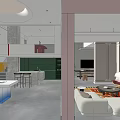 Modern Reception Desk In Bright Open Space With Green Wall And Colorful Geometric Decor
