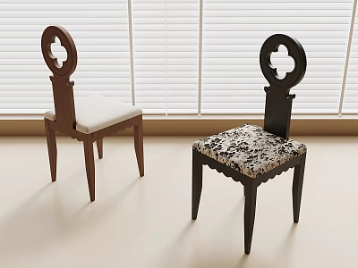 Stylish Wooden Dining Chairs With Brown And Black Frames And White And Patterned Seats 3d model