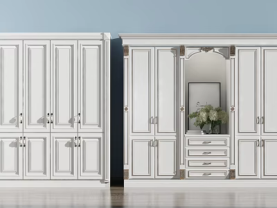 Modern White Wardrobe Design With Multiple Doors Drawers Decorative Mirror And Vase With Flowers 3d model