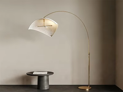 Modern Golden Arched Floor Lamp With White Lampshade And Black Side Table In Interior 3d model