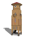 Brown Tower with Red Roof Multiple Windows Balcony And Staircase Entrance