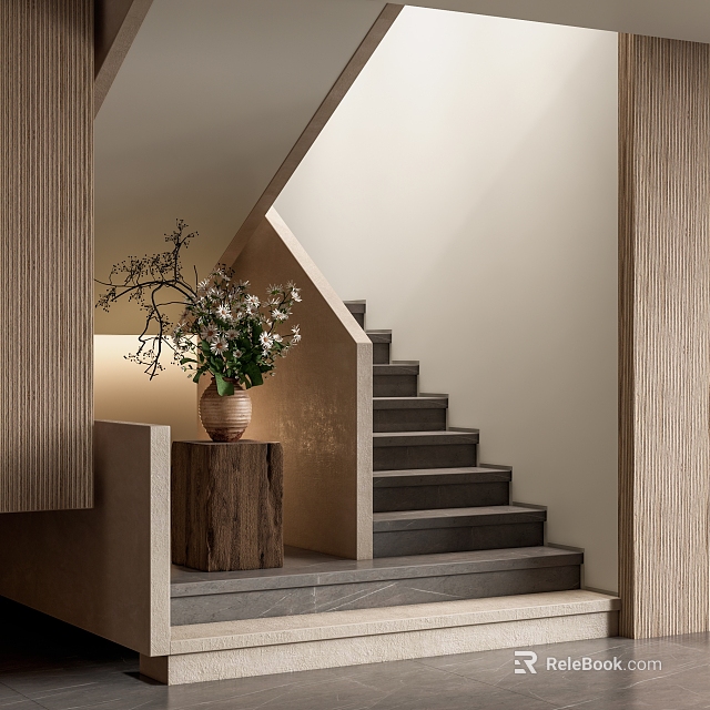Elegant Modern Staircase Design With Gray Steps Wooden Vase And White Flowers Decor 3d model 