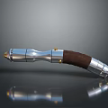 Silver Metal Handheld Weapon Design With Brown Leather Grip And Gold Accents