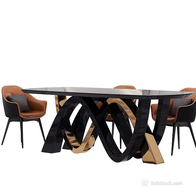 Modern Dining Table Set With Glass Top Black Gold Legs And Leather Chairs 3d model 
