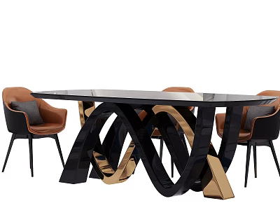 Modern Dining Table Set With Glass Top Black Gold Legs And Leather Chairs 3d model