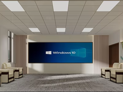 Modern Meeting Room With Large Screen Displaying Windows 10 Logo And Chairs 3d model