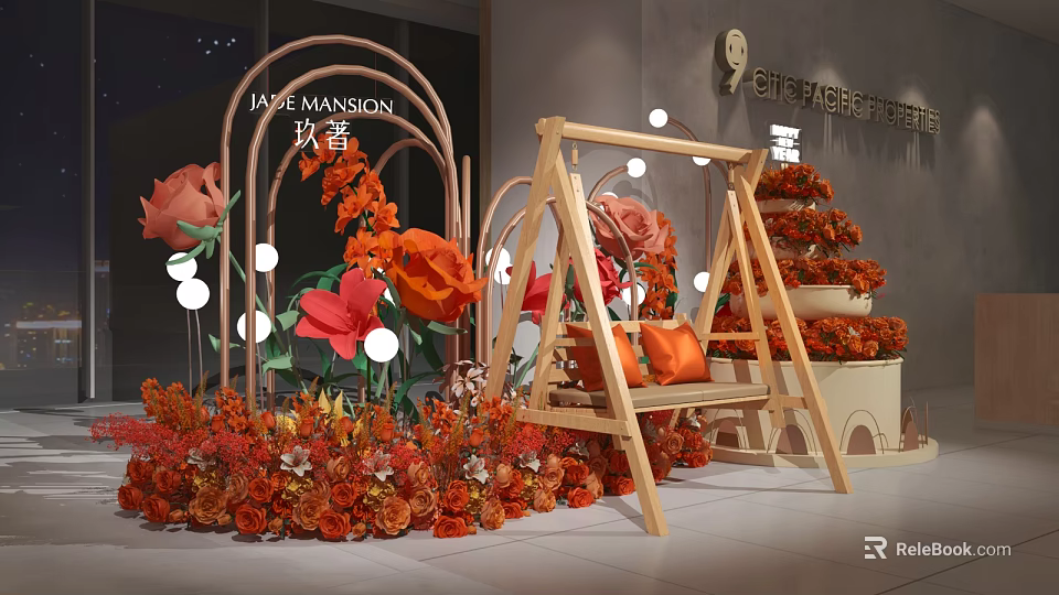 Festive Decorative Scene With Large Paper Flowers Wooden Swing White Light Balls And Colorful Blooms 3d model 