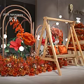 Festive Decorative Scene With Large Paper Flowers Wooden Swing White Light Balls And Colorful Blooms