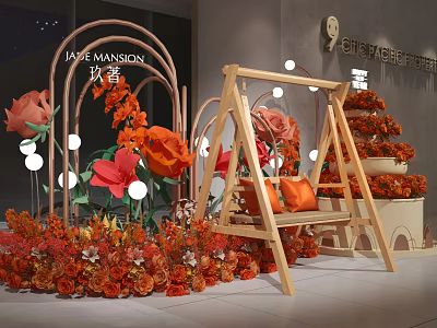 Festive Decorative Scene With Large Paper Flowers Wooden Swing White Light Balls And Colorful Blooms 3d model