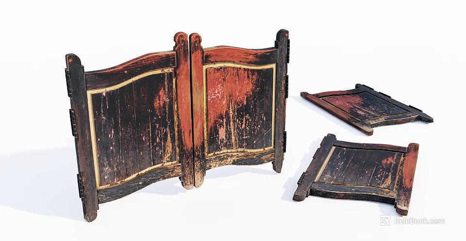 Antique Wooden Double Doors with Worn Red Black Paint Finish and Detached Door Panels 3d model 