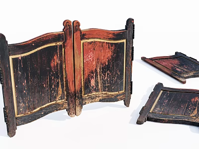 Antique Wooden Double Doors with Worn Red Black Paint Finish and Detached Door Panels 3d model