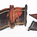 Antique Wooden Double Doors with Worn Red Black Paint Finish and Detached Door Panels