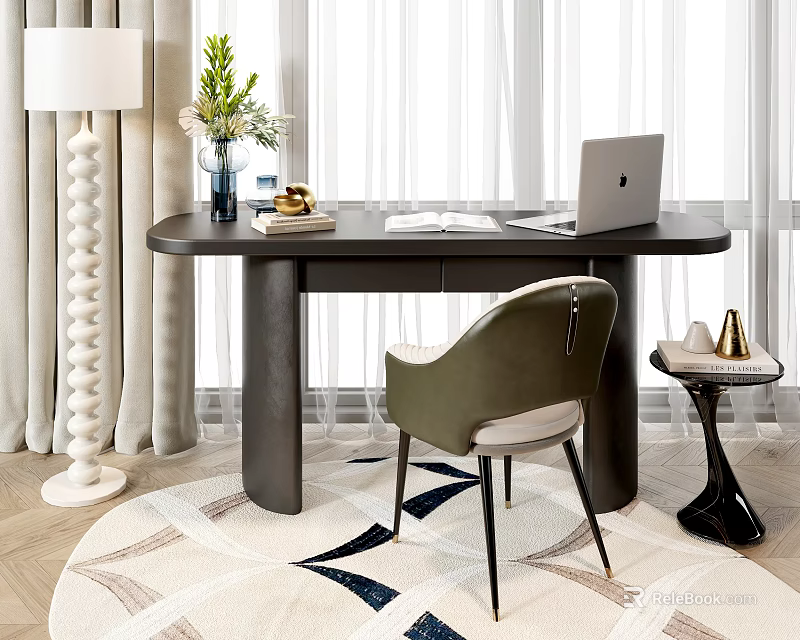 Modern Desk And Chair Set With Laptop Books Vase And Table Lamp 3d model 