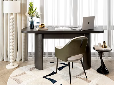 Modern Desk And Chair Set With Laptop Books Vase And Table Lamp 3d model