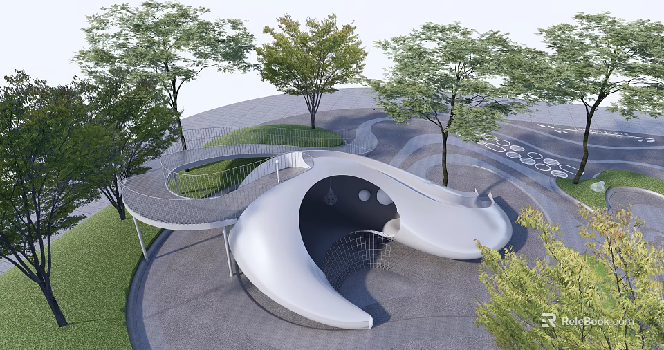 Modern Curved Landscape Feature Wall Design With Trees Pathways And Open Lawn Space 3d model