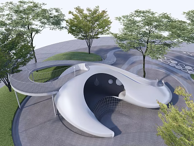 Modern Curved Landscape Feature Wall Design With Trees Pathways And Open Lawn Space 3d model