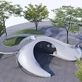 Modern Curved Landscape Feature Wall Design With Trees Pathways And Open Lawn Space 3d model