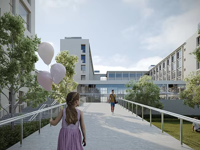 Bright Modern Office Building Exterior With Green Trees Walkway And People Holding Balloons 3d model